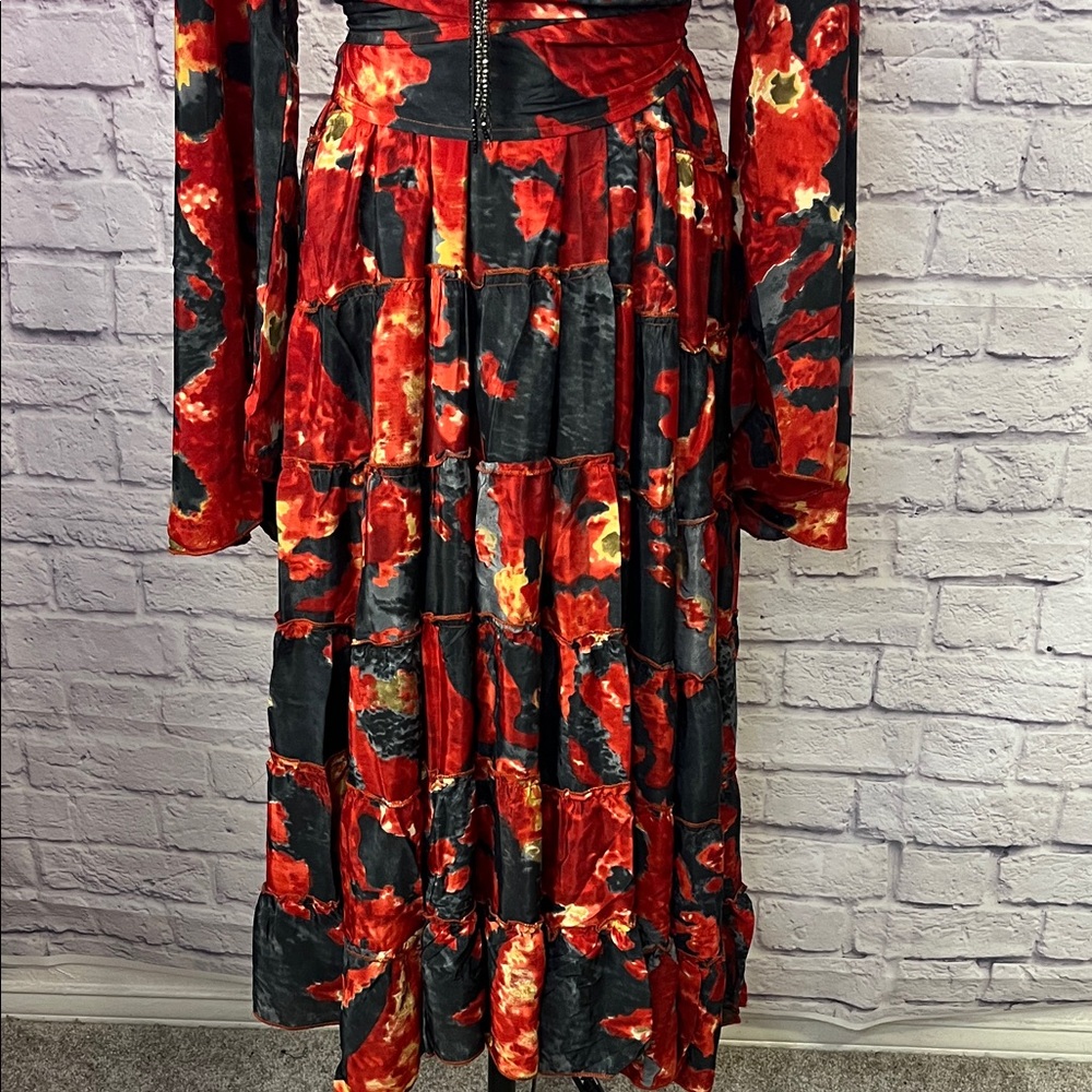 0887.  100% Silk Two Piece Kimono Top & Maxi Tiered Skirt - Picture 3 of 6